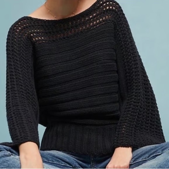 Anthropologie Moth Chatwin Bateau Black Open Knit Sweater XXS - Picture 1 of 11